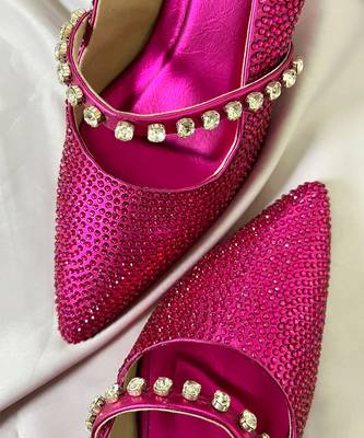 Pink rhinestone satin leather heels 5