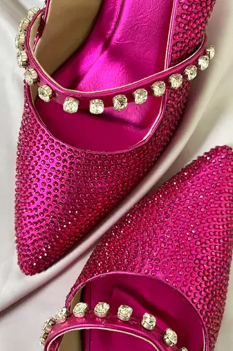 Pink rhinestone satin leather heels