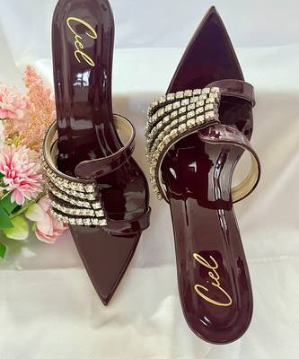 Deep maroon rhinestone art leather heels 4