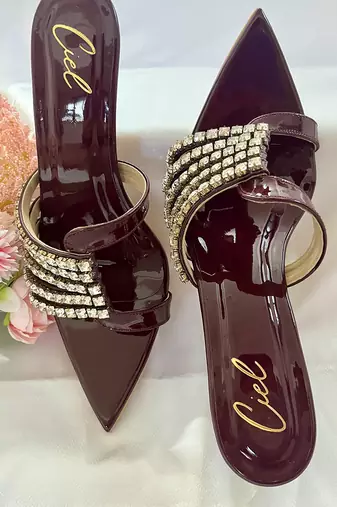 Deep maroon rhinestone art leather heels