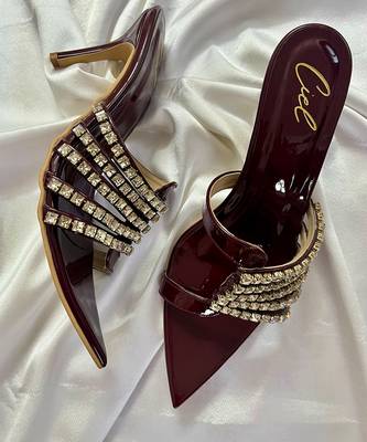 Deep maroon rhinestone art leather heels 5