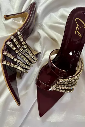 Deep maroon rhinestone art leather heels