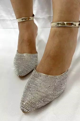 Golden rhinestone rhinestone leather heels