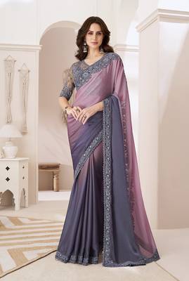 Embroidered grey faux chiffon saree 1