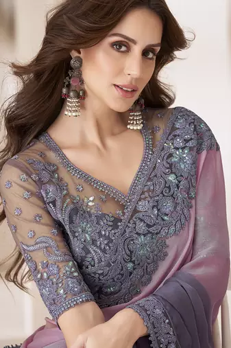 Embroidered grey faux chiffon saree