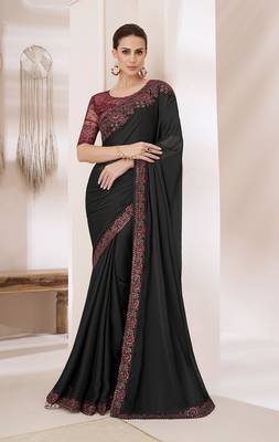 Embroidered black faux chiffon saree 1