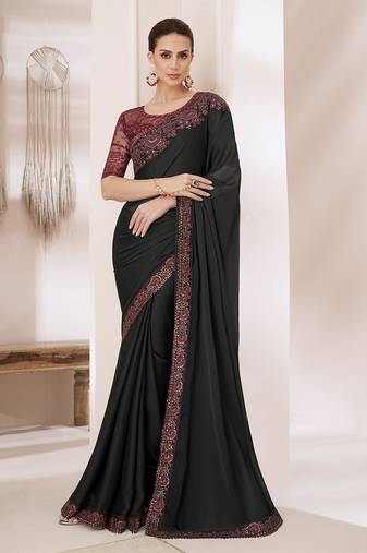 Embroidered black chiffon designer saree