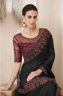 Embroidered black faux chiffon saree 2