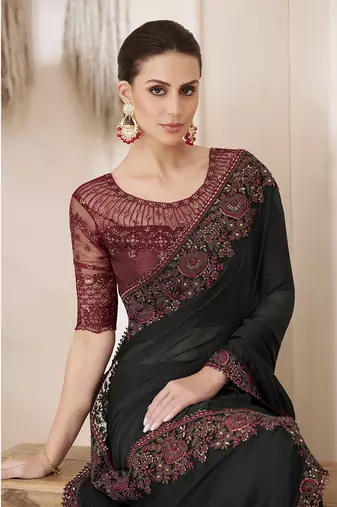 Embroidered black faux chiffon saree