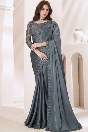 Embroidered dark grey chiffon designer saree