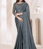 Embroidered dark grey chiffon designer saree