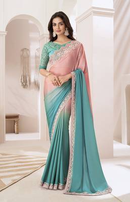 Embroidered turquoise chiffon designer saree 1