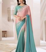 Embroidered turquoise chiffon designer saree