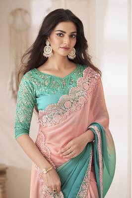 Embroidered turquoise chiffon designer saree 2