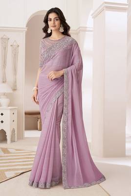 Embroidered baby pink faux chiffon saree 1