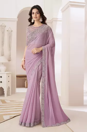 Embroidered baby pink chiffon designer saree