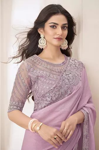 Embroidered baby pink faux chiffon saree