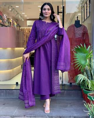 Blue color cotton printed kurti pant dupatta set 1