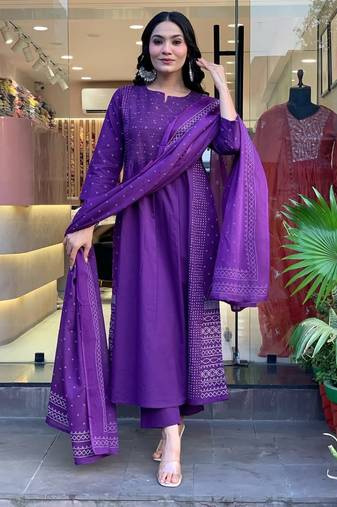 Blue color cotton printed kurti pant dupatta set
