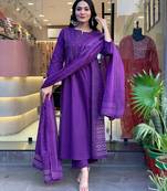 Blue color cotton printed kurti pant dupatta set