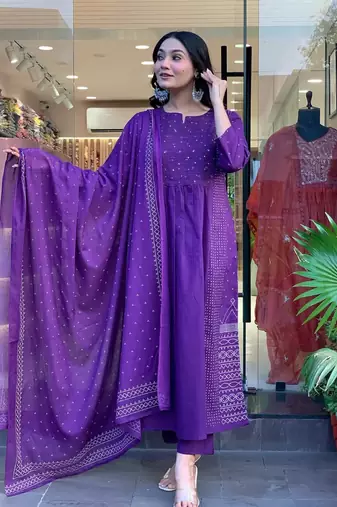 Blue color cotton printed kurti pant dupatta set