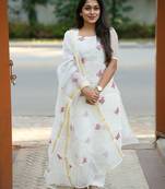 Ruby white embroidered kota doriya kurti pant set for women