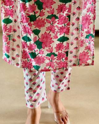 Elegance white pink color floral kurti pant set for women 3
