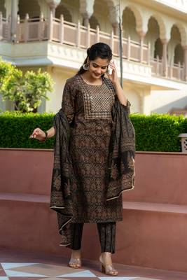 Cotton ajrakh print sequence work straight kurti pant With dupatta 1