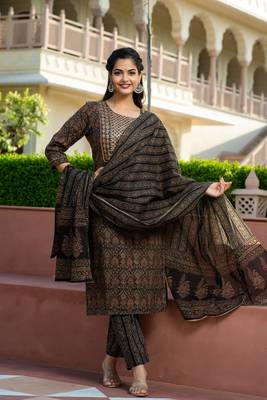 Cotton ajrakh print sequence work straight kurti pant With dupatta 2