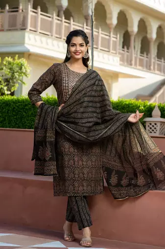 Cotton ajrakh print sequence work straight kurti pant With dupatta