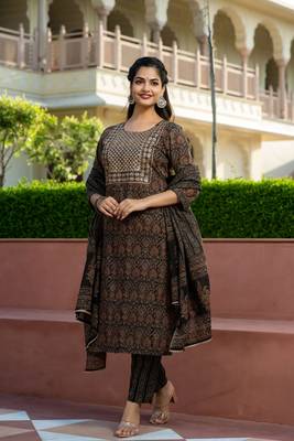 Cotton ajrakh print sequence work straight kurti pant With dupatta 3