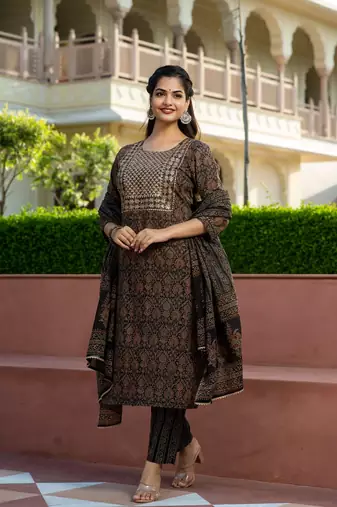 Cotton ajrakh print sequence work straight kurti pant With dupatta