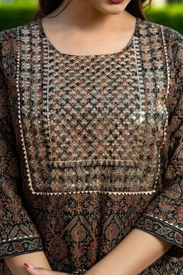 Cotton ajrakh print sequence work straight kurti pant With dupatta 4