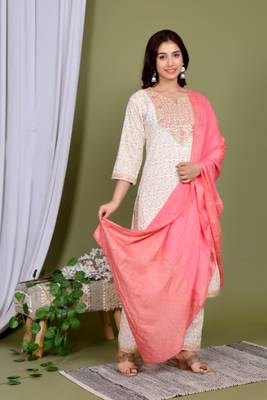 Ivory embroidered kurti pant dupatta set 1