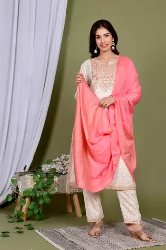 Ivory embroidered kurti pant dupatta set