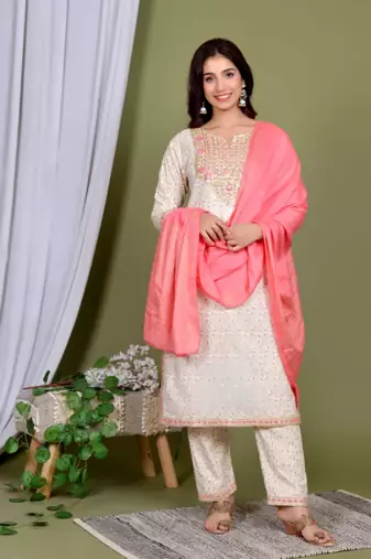 Ivory embroidered kurti pant dupatta set