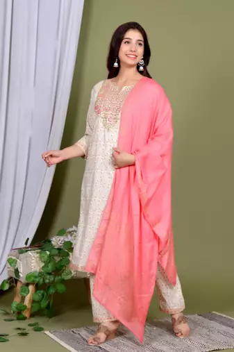Ivory embroidered kurti pant dupatta set