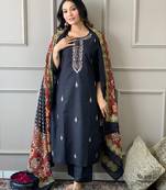 Black embroidered ethnic indian straight kurti pant dupatta set for women
