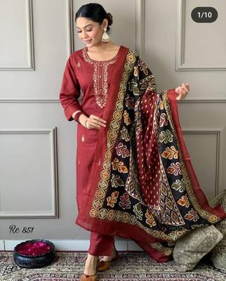 Maroon embroidered ethnic indian straight kurti pant dupatta set for women 1