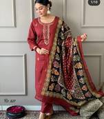 Maroon embroidered ethnic indian straight kurti pant dupatta set for women