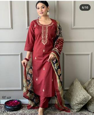 Maroon embroidered ethnic indian straight kurti pant dupatta set for women 2