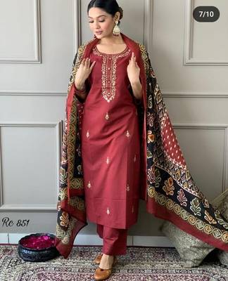 Maroon embroidered ethnic indian straight kurti pant dupatta set for women 3