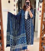 Blue ethnic block printed indian kurti pant dupatta set for women