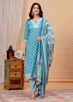 Red color printed straight kurti pant set for women 1