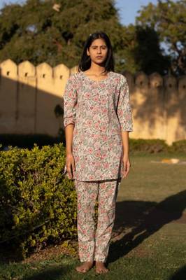 Light green floral block print lounge wear set night suit dress pyjama co ord set for summer night pj 1