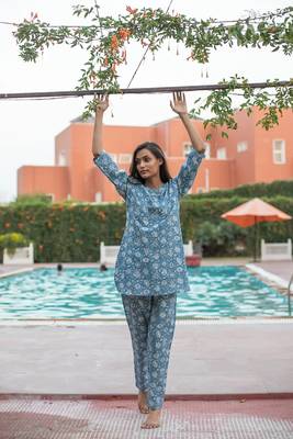Blue floral block print lounge wear set night suit dress pyjama co ord set for summer night pj 1