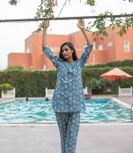 Blue floral block print lounge wear set night suit dress pyjama co ord set for summer night pj
