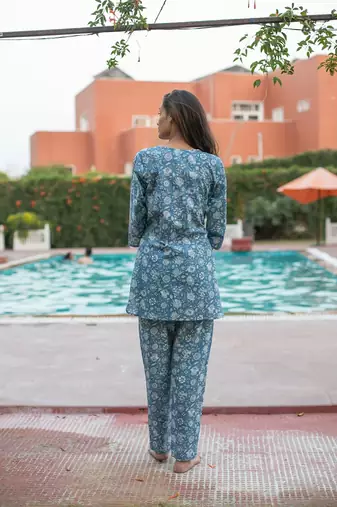 Blue floral block print lounge wear set night suit dress pyjama co ord set for summer night pj