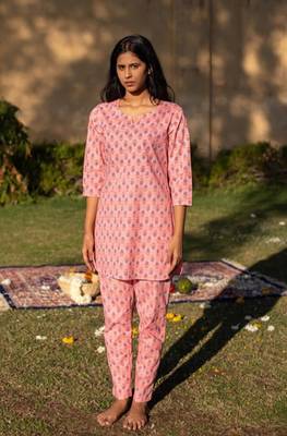 Pink floral block print lounge wear set night suit dress pyjama co ord set for summer night pj 1