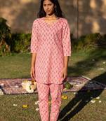 Pink floral block print lounge wear set night suit dress pyjama co ord set for summer night pj